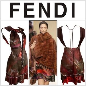 FENDI By KARL LAGERFELD Plunging Velvet Pearl Dress F/W 05 2005 Size 40 VINTAGE